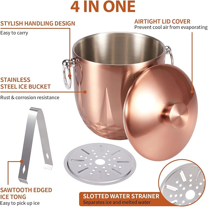 Ice Bucket with Lid, Double Wall Stainless Steel insulated ice bucket, Champagne Bucket, Wine Bucket for parties, cocktail bar, Copper, 3L