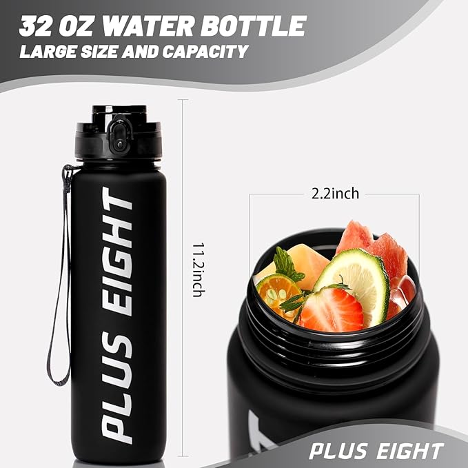 Sports Water Bottle, 32 oz Motivational Water Bottles with Time Marker to Drink, Leak-Proof Tritan BPA-Free with Carrying Strap for Women Men Gym Fitness Outdoor (Black Matte)