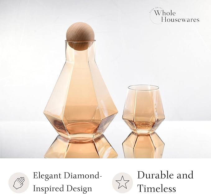 WHOLE HOUSEWARES Gold Diamond Inspired Wine Glasses Set of 5 - Red and White Wine Glasses - Large Bulbous Crystal Glass - Modern Diamond Wine Carafe with Cork Ball - Valentines Day Gifts