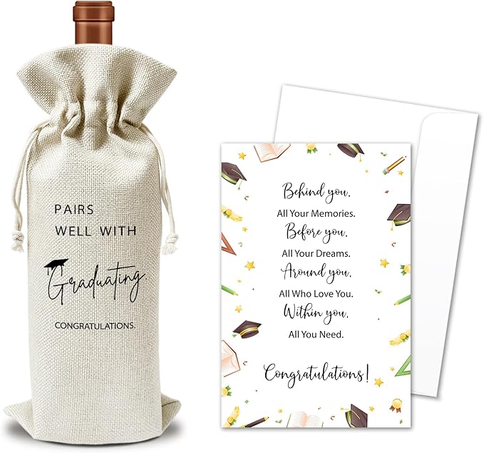 Graduation Wine Gift Bags & Card, Graduation Gifts for Him Her Son Daughter College, Pairs Well With Graduating, 1 pcs Reusable Burlap Wine Gift Bags for Wine Bottles, Graduation Party Decor Favor -25