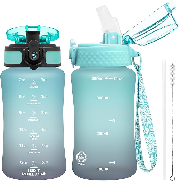 OLDLEY Kids Water Bottle for School, 12 oz (2 lids) BPA-Free Reusable Leak-proof Durable Tritan Plastic Water Bottles with Straw & Chug Lids, Anti-dust Spout Cover (Bluenavy)