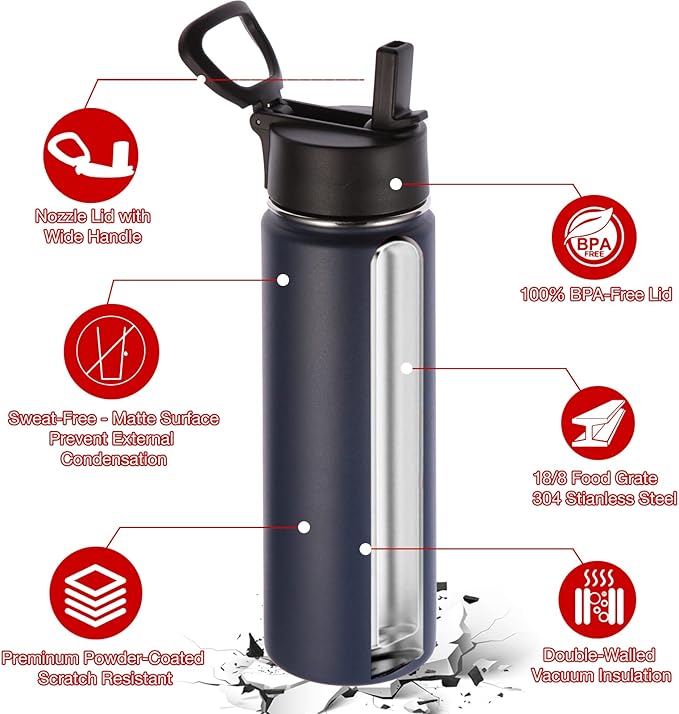Volhoply 24oz Insulated Water Bottle With Straw Bulk 3 Pack,Metal Wide Mouth Water Bottles With Handle Lid Keep Cold,Reusable Double Wall Thermos,Powder Coated Sport Bottle For Holder(Navy,3 Count)