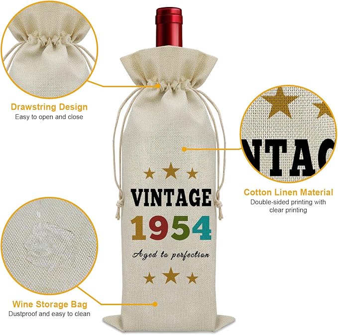 Sazuwu Vintage 1954 Gifts for Women Men Wine Bag Happy 70th Birthday Mom Gifts 70 Year Old Birthday Gifts for Dad Wine Accessories Gifts for Wine Lovers Turning 70 Gifts for Grandma Grandpa
