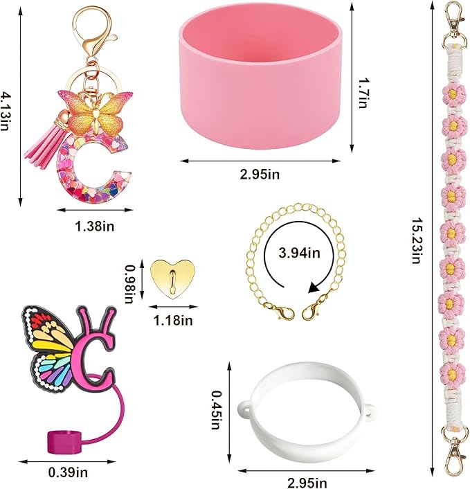 SPORCLO Stanley Cup Accessories Include Silicone Stanley Straw Cover, Butterfly Letter Keychain Charms, Water Bottle Handle Strap, Boot and Chain for Stanley Cup 30oz 40oz Tumbler