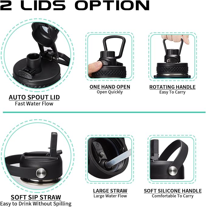 Insulated Water Bottle - 32oz 40oz 64oz Water Bottles with Straw & Spout Lids, Carrier Bag, Paracord Handle and Flask Boot, Reusable Stainless Steel Water Bottle, Metal Canteen Mug for Work Sports