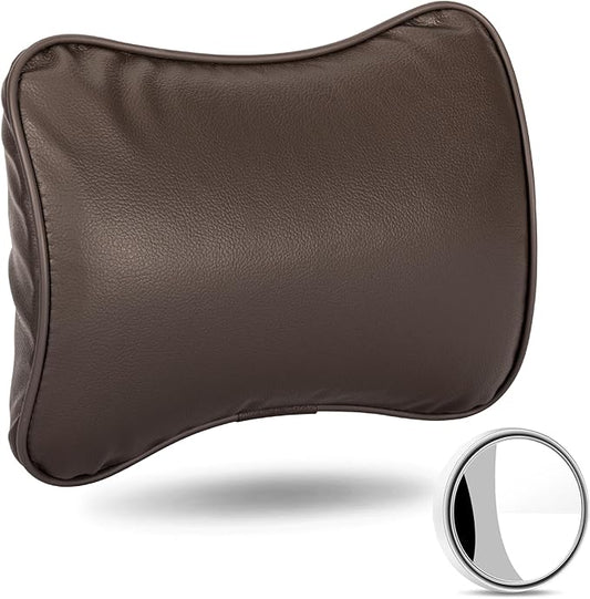 Car Neck Pillow, Car Headrest Pillow for Driving with 2.2" Rear View Blind Spot Mirrors, Memory Foam Car Pillow for Cervical Support, Vehicle Headrest Pillow for Car Seat, Brown