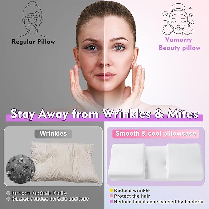 Anti Wrinkle Ergonomic Back Sleep Training Pillow: Cervical Memory Foam Anti Aging Beauty Pillow for Neck Pain Relief - Contoured Neck & Shoulder Support Flawless Face Pillow with Cooling Pllowcase