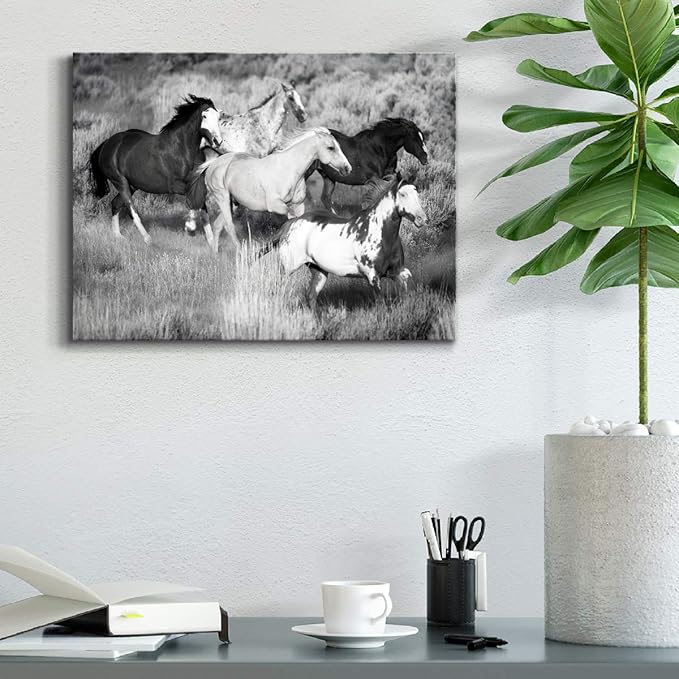 Renditions Gallery Canvas Animal Wall Art Modern Decorations Paintings Running Vintage Horses Black & White Nature Wall Hanging Artwork Prints for Bedroom Office Kitchen - 12"x18" LT33