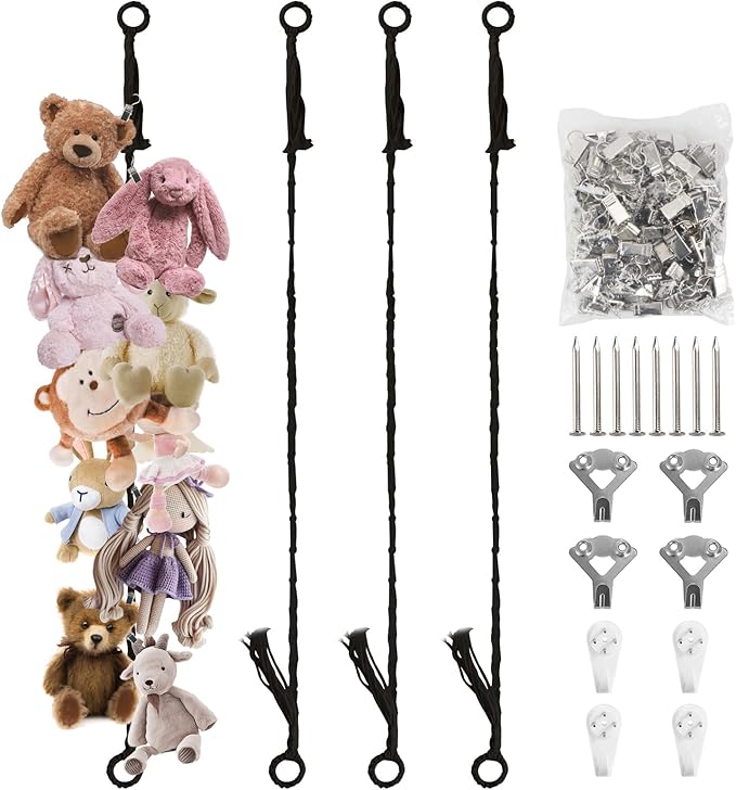 Stuffed Animal Storage Chain 80 Inch, Munzong 4pcs Black Hanging Stuff Animals organizer, Cotton Toy Display Chain with 80 Clips, Toys Organizers Holder for Toddler Kids Nursery Room Wall Corner Decor