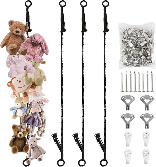 Stuffed Animal Storage Chain 80 Inch, Munzong 4pcs Black Hanging Stuff Animals organizer, Cotton Toy Display Chain with 80 Clips, Toys Organizers Holder for Toddler Kids Nursery Room Wall Corner Decor