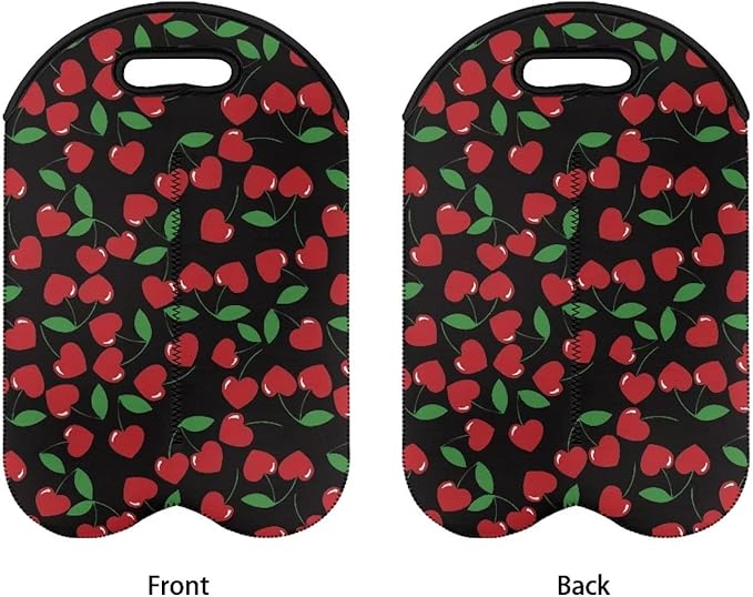 doginthehole Cherry Neoprene Wine Bag 2 Bottle Wine Tote Carrier Wine Accessories for Wine Lovers, Cute Fruit Print Wine Bottle Holder Champagne Beer Bags for for Travel, Party, Wedding, Birthday