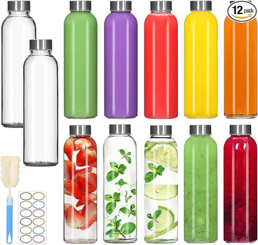 12 Pack 18oz Clear Glass Water Bottles, Juice Bottle with Stainless Steel Lid, Reusable Refillable Bottles for Storing Beverages Juice