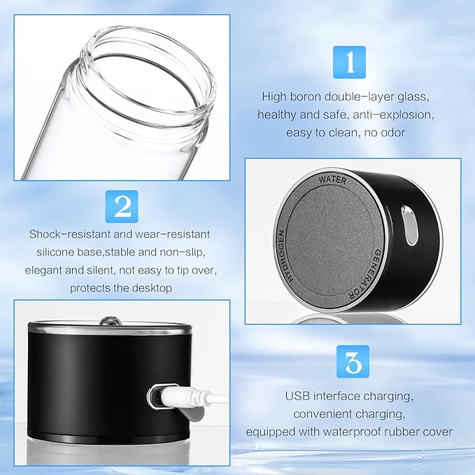 Honeydak Hydro Booster Hydrogen Water Bottle 420 ml Hydrogen Water Ionizer Machine Portable Hydrogen Water Generator USB Rechargeable Water Hydrogenator for Home Office Travel (Black)