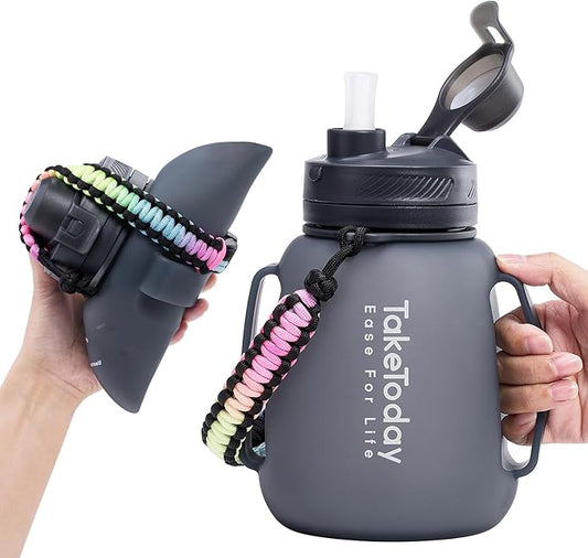 Collapsible Water Bottles 40 OZ Motivational Water Bottle with Straw and Paracord Handle Silicone Sports Water Jug with Times Leakproof Large Water Bottle for Yoga Camping Outdoors