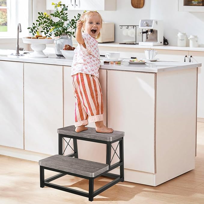 Wooden Step Stool for Adults, 2 Tier Heavy Duty Step Stool for High Bed, Small Step Stool for Bedroom, Living Room, Bathroom and Kitchen, Hold Up to 500 LBS