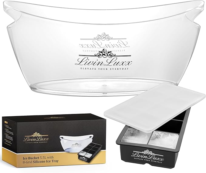 Acrylic Ice Bucket for Parties with Silicone Ice Cube Tray - Clear Champagne Bucket 5.5 Liter - Beverage Tub with Big Square Ice Cubes for Cold Drinks - Holds 3-5 Wine or Champagne bottles