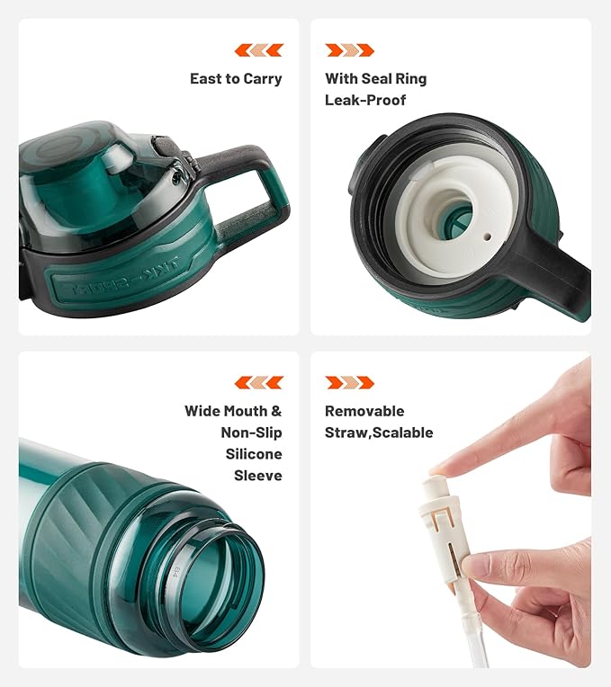 TKK 15oz Sports Water Bottles with Removable Straw Durable BPA Free Tritan Bottles Leak-Proof Water Bottles for School, Fitness, Gym, Outdoor, Green