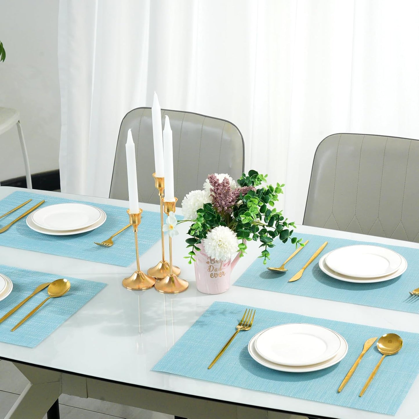 Placemats Set of 8，Non-Slip PVC Weave Table Mats Easy to Clean，Heat Resistant Place Mats for Kitchen Dining Table Decoration Indoor Outdoor，Blue