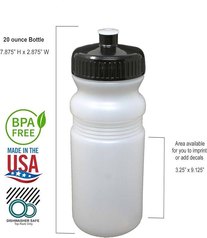 Rolling Sands 20 Ounce Sports Water Bottles 24 Pack, BPA-Free, Made in USA, Dishwasher Safe, Clear Frost Bottles/Black Lids