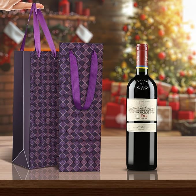 Wine Bags, 12 Packs, Strong Card Paper Wine Gift Bag with Ribbon Handles and Thank You Card, 4-3/8x 4 x 14 Fit 750ml Wine Bottle or Champagnes - Purple 12