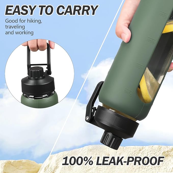 Glass Water Bottles with Straw -24oz- Water Bottle Phone Holder for Gym Sports Water Bottles with Silicone Sleeve Glass Drinking Bottles 2 Lids - Spout & Bamboo Straw Lid(Olive)