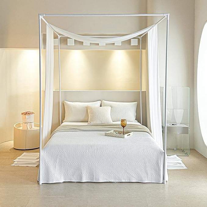 AIKASY White Bed Canopy Scarf for Twin - Luxury Sheer Canopy Bed Curtains with Light - Suitable for Four-Poster Bed, Metal Bed Frame, Wood Bed Frame -1pic