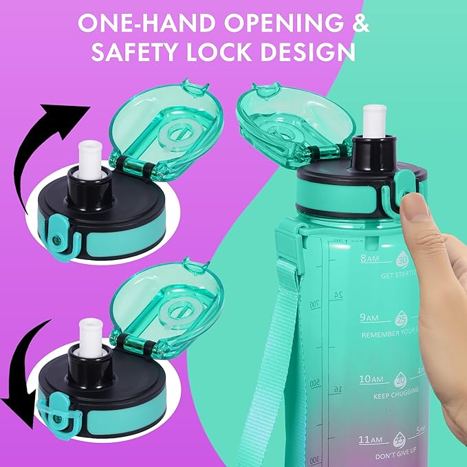 32 oz Water Bottle with Detachable Straw, Clear Motivational Water Bottles with Time to Drink, Tritan & BPA Free Sports Water Jug with Time Marker, Upgraded handle design