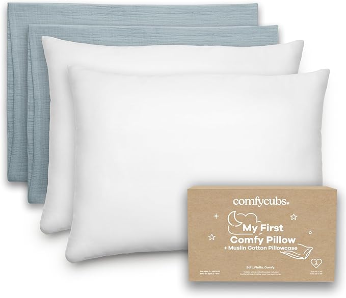 Comfy Cubs Toddler Pillow with Soft Muslin Pillowcase, 13"x18", Pacific Blue, 2 Pack - Kids Pillow for Sleeping & Travel - Comfortable Small Pillow - Kids Travel Pillow with Breathable Microfiber Fill
