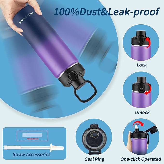 Insulated water bottle with Straw,24oz Stainless Steel Water Bottle for Adult Kids,Double Wall Vacuum Wide Mouth Insulated Water Bottle for Sports,BPA-free（24oz,Purple Navy blue）