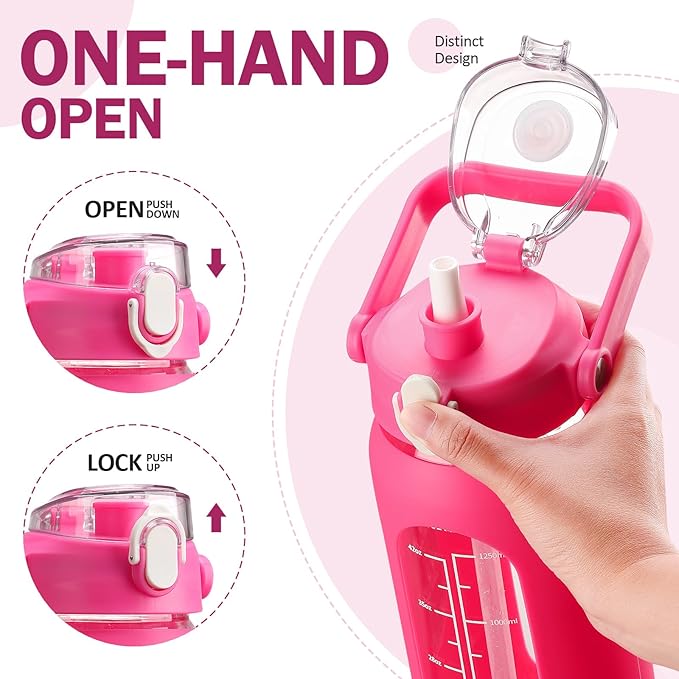 kytffu 56oz Glass Water Bottles with Straw, Motivational Glass Bottle with Silicone Sleeve and Time Marker, Leakproof Large Glass Water Jug for Gym Home Office,Rose red