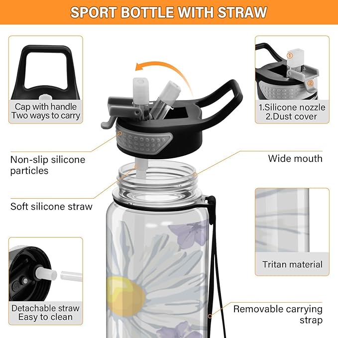 Kigai Daisy Flower Clear Water Bottle with Straw Lid, BPA-Free Leakproof Sport Water Bottle 32oz Large Gym Water Jug for Men Women Travel Fitness Outdoor