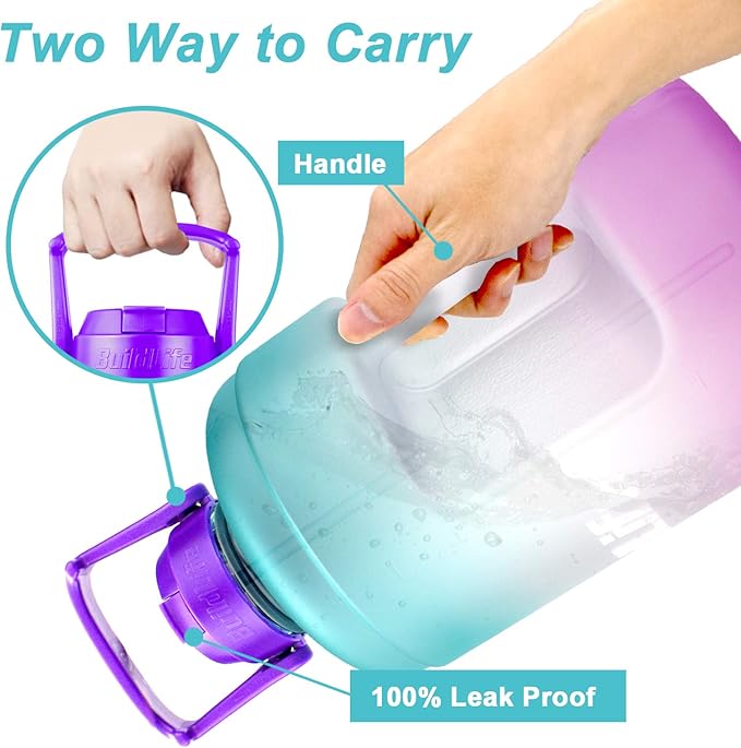 QuiFit 1 Gallon Water Bottle - with Straw & Motivational Time Marker Leak-Proof BPA Free Reusable Gym Sports Outdoor Large(128OZ) Capacity Water Jug(Green/Purple Gradient,1 Gallon)