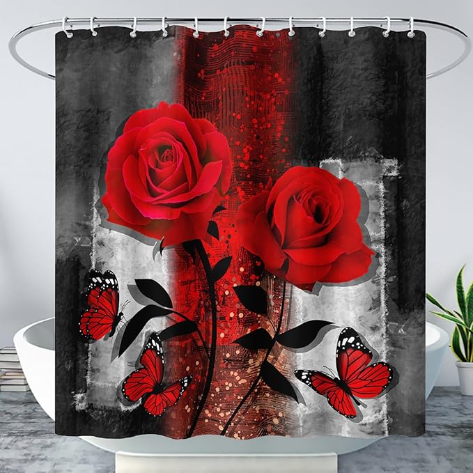 AILONEN Red Rose Shower Curtain for Bathroom, Romantic Rose Flower Bath Curtain,Grey Abstract Waterproof Floral Butterfly Print Shower Curtain Decoration with 12 Plastic Hooks, 72" W*78" H