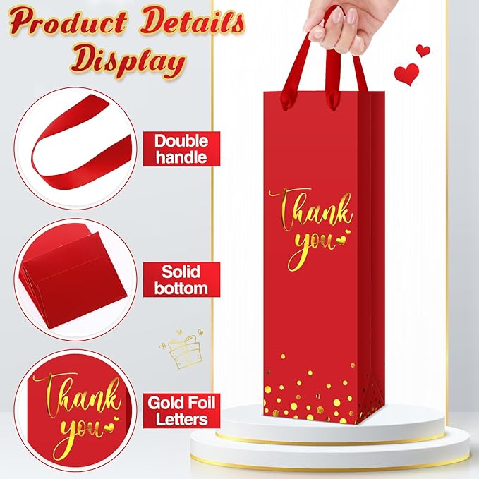Ctosree 30 Pcs Wine Gift Bag for Wine Bottle Wedding Wine Thank You Gift Bag with Metallic Gold Foil Print Kraft Wine Paper Favor Bag with Attractive Rope Handle for Graduation Bottle(Red)