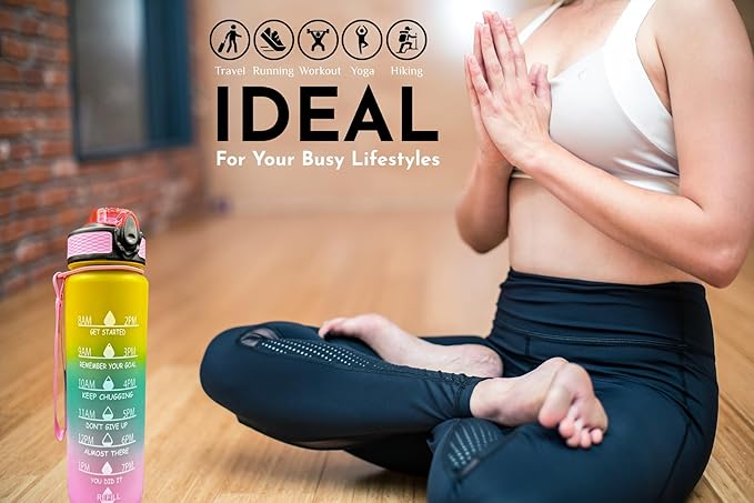 Yaa Fresh Water Bottles, 32oz Motivational Sports Water Bottle with Time Marker-Times to Drink-Tritan, BPA Free, Leakproof water bottle (1 Pack) (Pink-Green-Yellow)