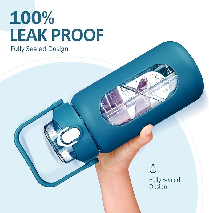 kytffu 42oz Glass Water Bottles with Straw, Motivational Glass Bottle with Silicone Sleeve and Time Marker, Leakproof Large Glass Water Jug for Gym Home Office,Iron Blue