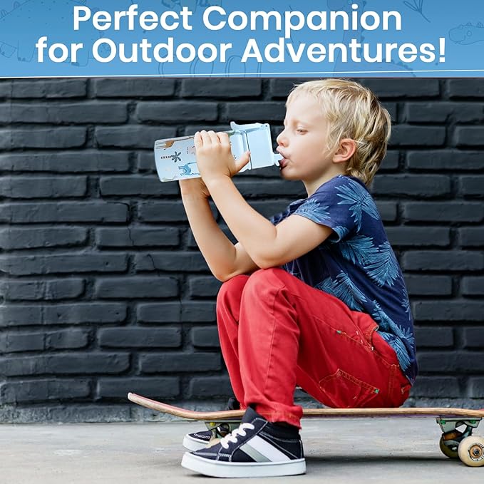 Water Bottle 14 Oz, Triple Walled Insulated Stainless Steel Odor & Strain Resistant Reusable Bottle, 1 straw Lid, Leakproof, Metal Mug Gallon, BPA Free, Blue Zoo