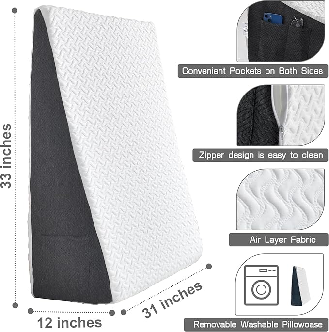 Cosmoluxe Extra Large (33x31x12) Bed Wedge Pillow with Cooling Memory Foam Top, Triangle Pillow for Acid Reflux, Heartburn, Snoring, and GERD Relief, Headboard Wedge to Reduce Neck and Back Pain