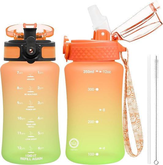 OLDLEY Kids Water Bottle for School, 12 oz (2 lids) BPA-Free Reusable Leak-proof Durable Tritan Plastic Water Bottles with Straw & Chug Lids, Anti-dust Spout Cover (Sweet Orange)
