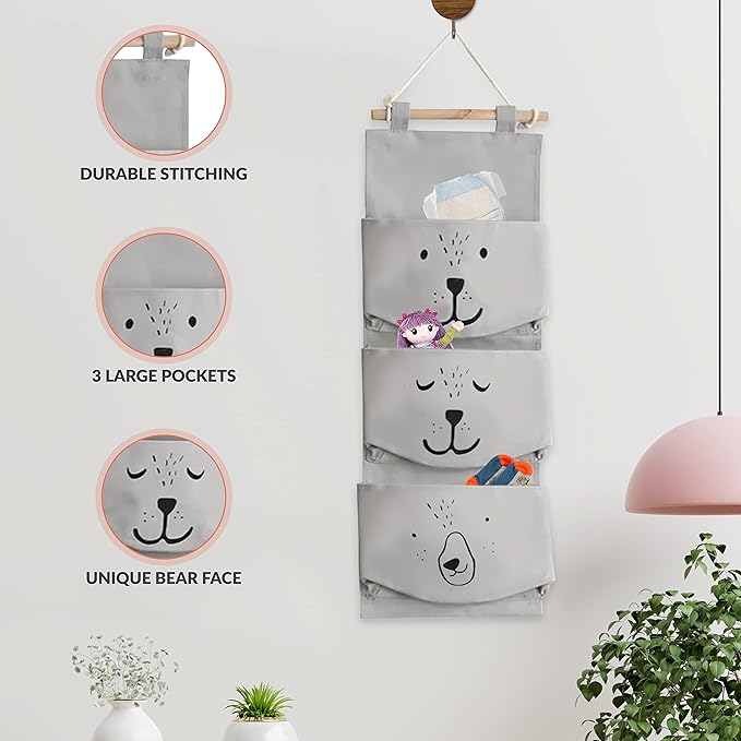 Large Wall Hanging Organizer with 3 Storage Pockets-Space saver for Playroom, Bedroom, Baby Nursery, Bedside, Closet. Cute animal print cubby caddy. Waterproof, Travel Friendly