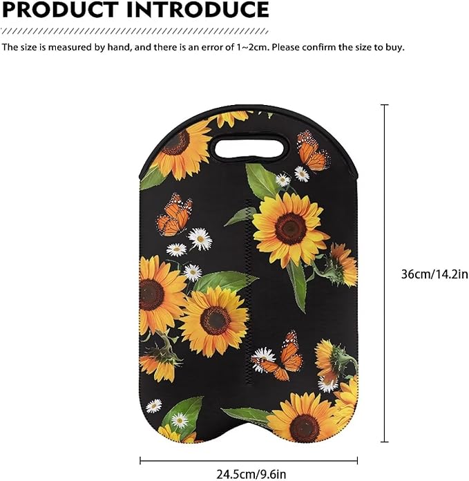 doginthehole Sunflower Butterfly Wine Bottle Carrier Reusable Wine Gift Tote Bags 2 Bottle Wine Bag for Birthday Party Wine Carry Holder Neoprene Champagne Bottle Protective Bag
