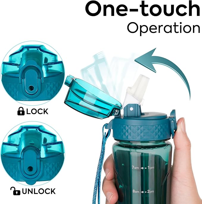 OLDLEY Kids Water Bottle with Straw 15 oz BPA-Free Leak-Proof Motivational Water Bottles with Time Marker for School Sports Travel Gym, Easy to Use for Girls Goys, 1 Straw Lid,Transparent-dark green