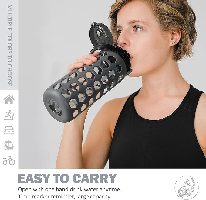 MUKOKO Half Gallon/64 oz Glass Water Bottles with Straw and Lid,Motivational Water Jug with Time Marker Reminder and Silicone Sleeve,100% Leakproof BPA Free Fitness Sports Large Bottle-Grey