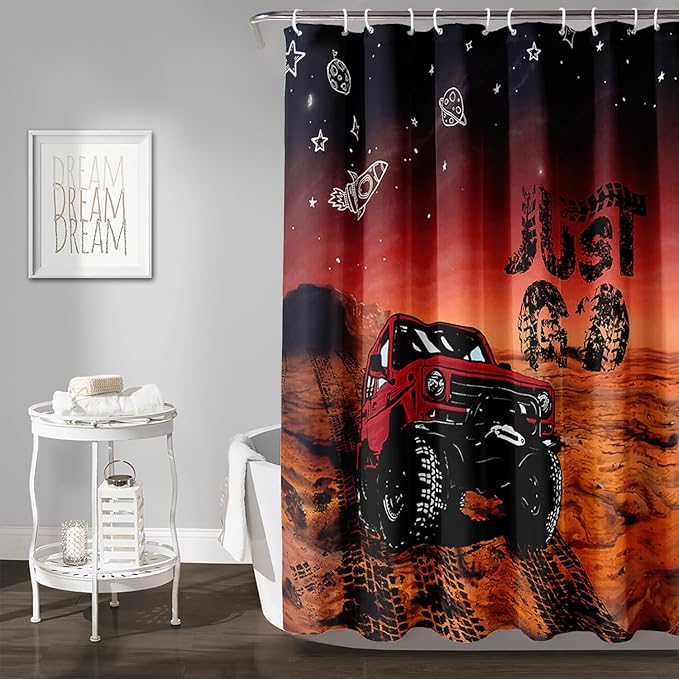 AILONEN Red Truck Shower Curtains,Galaxy Monster Truck Bath Curtains,Monster Jam Polyester Waterproof for Bathroom,36" W*72" H with Plastic Hooks,Red