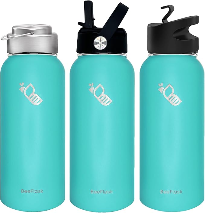Sports Water Bottle - 32 Oz, Includes 50 Cute Flask Stickers, 3 Lids (With straw), Vacuum Insulated, 308 Stainless Steel | Turquoise