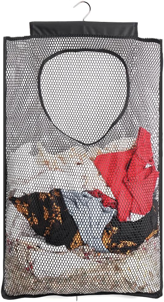 ALYER Breathable Mesh Laundry Hamper,Foldable Hanging Closet Storage Basket,Portable Space Saving Dirty Clothes Bag (Black)