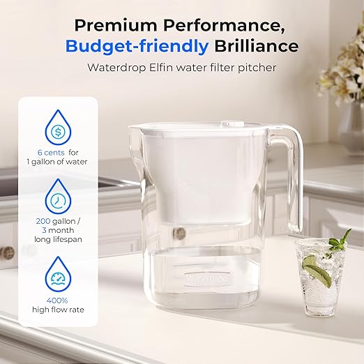 Waterdrop 200-Gallon Long-Life Water Filter Pitcher, NSF Certified Water Purifier, Replaces 6,400 Plastic Water Bottles a Year, Reduces Chlorine, PFOA/PFOS, 7-Cup, White