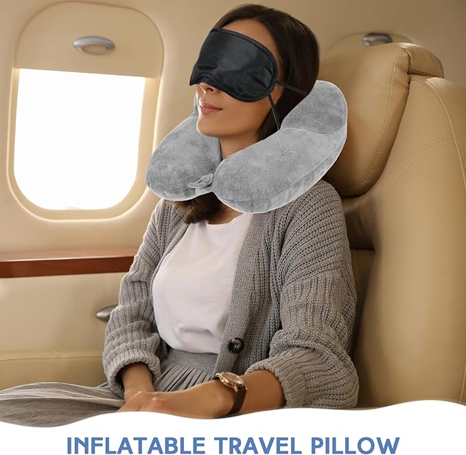 Sintuff 2 Pack Inflatable Travel Pillow for Airplanes Inflatable Neck Pillows with Compact Bag and Blindfold Soft Flight Pillow for Traveling, Airplane, Train, Car, Office(Light Gray and Sky Blue)