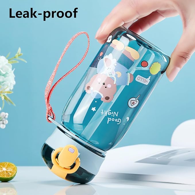 Kid Water Bottle, Cute Water Bottle, Kawaii Water Bottle with Straw and Strap, Clear Bear Water Bottles for Travel, Outdoor, 14oz