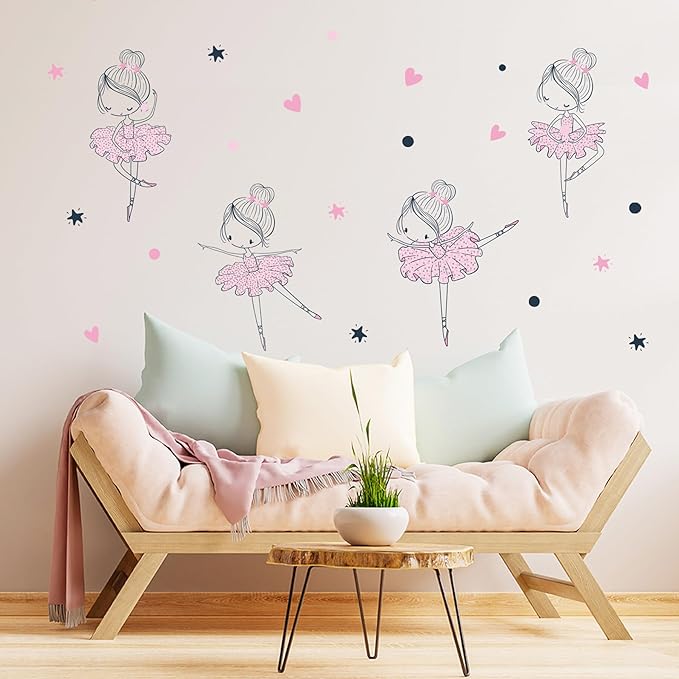 4 Cute Ballerina Ballet Dancers Wall Decals for Girls Bedroom Large Removable Wall Stickers for Classroom Pink and Black Wall Murals Peel and Stick Vinyl Kids Room Decor for Living Room Nursery